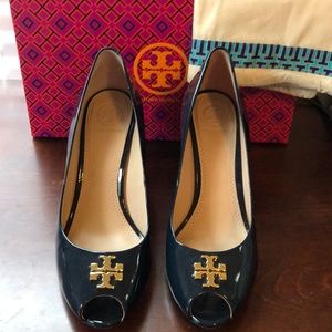 Tory Burch Jade Bright navy peep toe wedge.